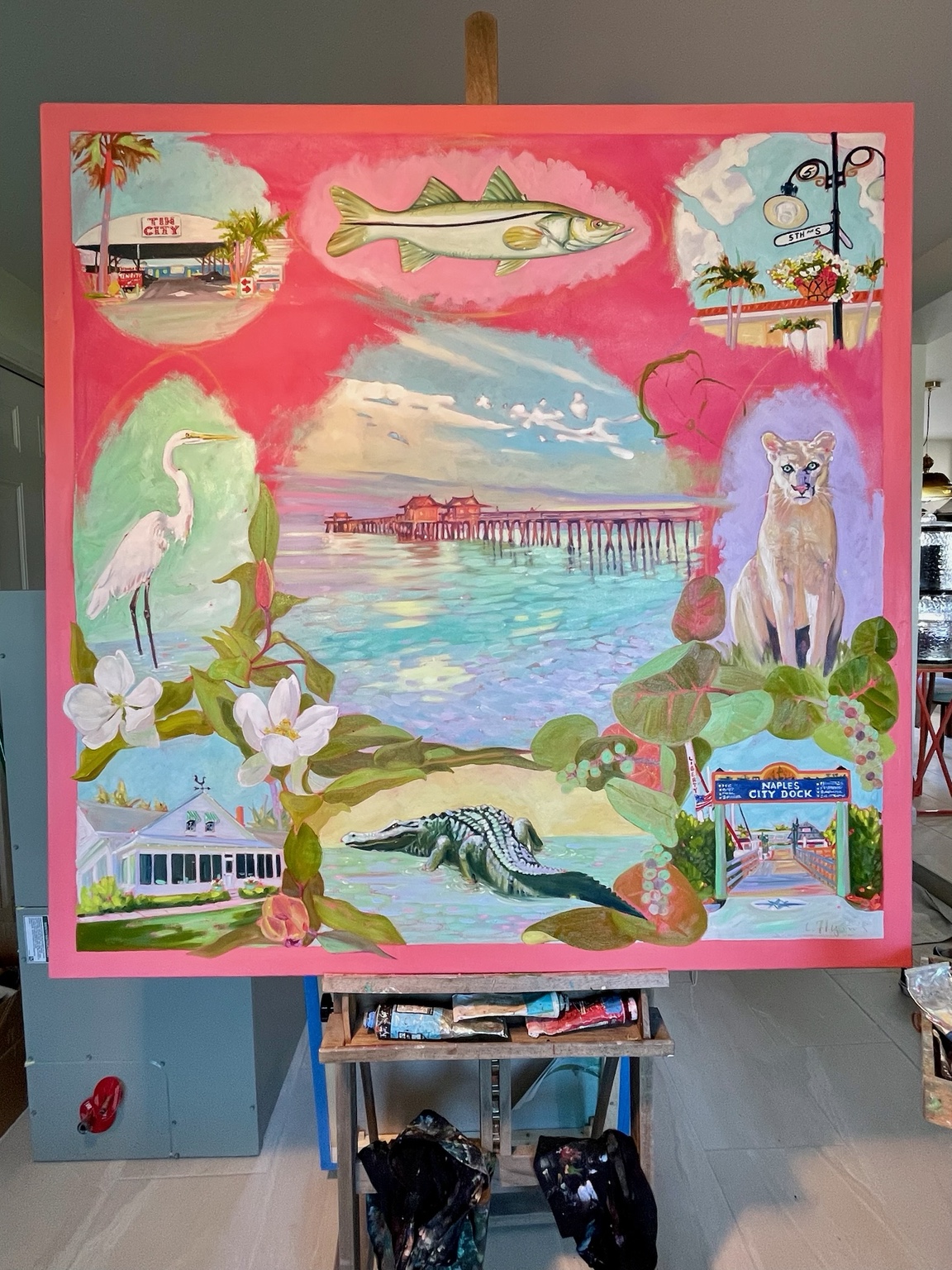 The original Naples painting on an easel